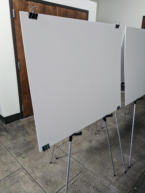 An easel holding a white foam board